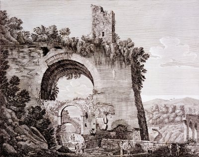 Überreste des von Claudius erbauten Aquädukts, der Wasser aus dem Anio nach Rom brachte, nahe Tivoli, ca. 1824-26 von Luigi Rossini